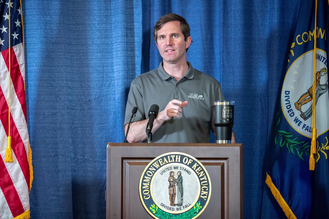 Gov. Andy Beshear speaks during a news conference at the state's Emergency Operations Center at the Boone National Guard Center in Frankfort, Kentucky, on May 3.