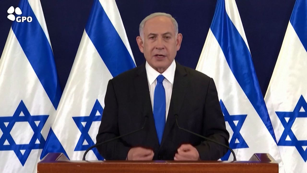 Israeli Prime Minister Benjamin Netanyahu delivers an address on Monday.