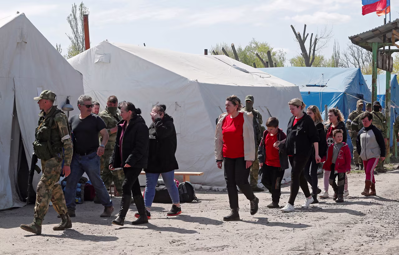 Civilians who left the area near the Azovstal steel plant in Mariupol at a temporary accommodation centre in the village of Bezimenne in the Donetsk region of Ukraine on May 1.
