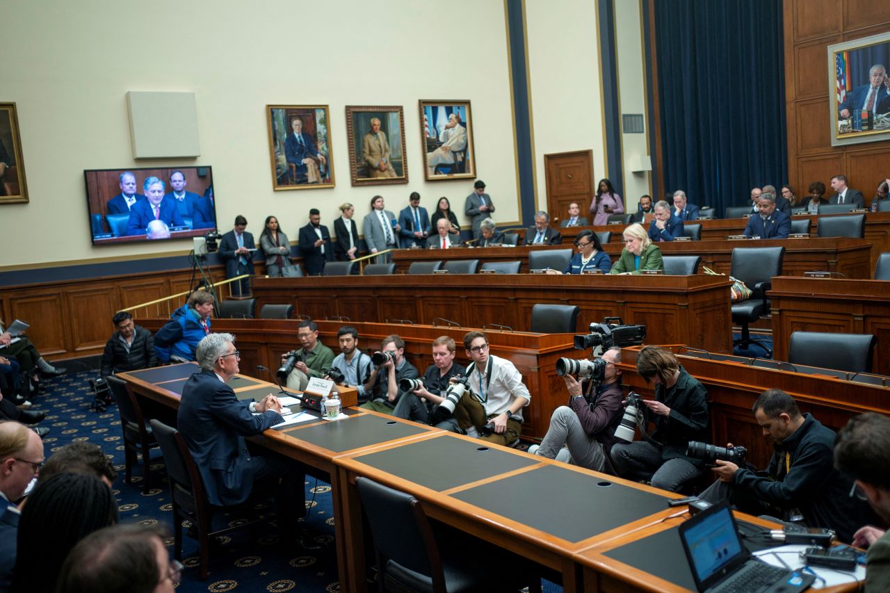 Federal Reserve Chair Jerome Powell testifies at a House Financial Services Committee hearing in Washington, DC, on March 6.