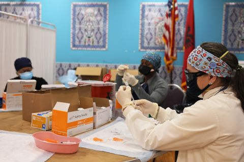 Northwell Health medical staff members prepare doses of the Johnson & Johnson coronavirus vaccine at the Northwell Health pop-up coronavirus vaccination site at the Albanian Islamic Cultural Center in Staten Island on April 8 in New York City. 