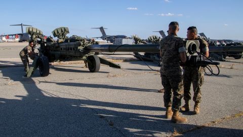 U.S Marine Corps. prepare the shipment of M777 howitzers to be loaded onto a C-17 by the U.S Air Force in the March Air Reserve Base in California, US, on May 19, along with other supplies and munitions as part of U.S. security assistance to Ukraine. 