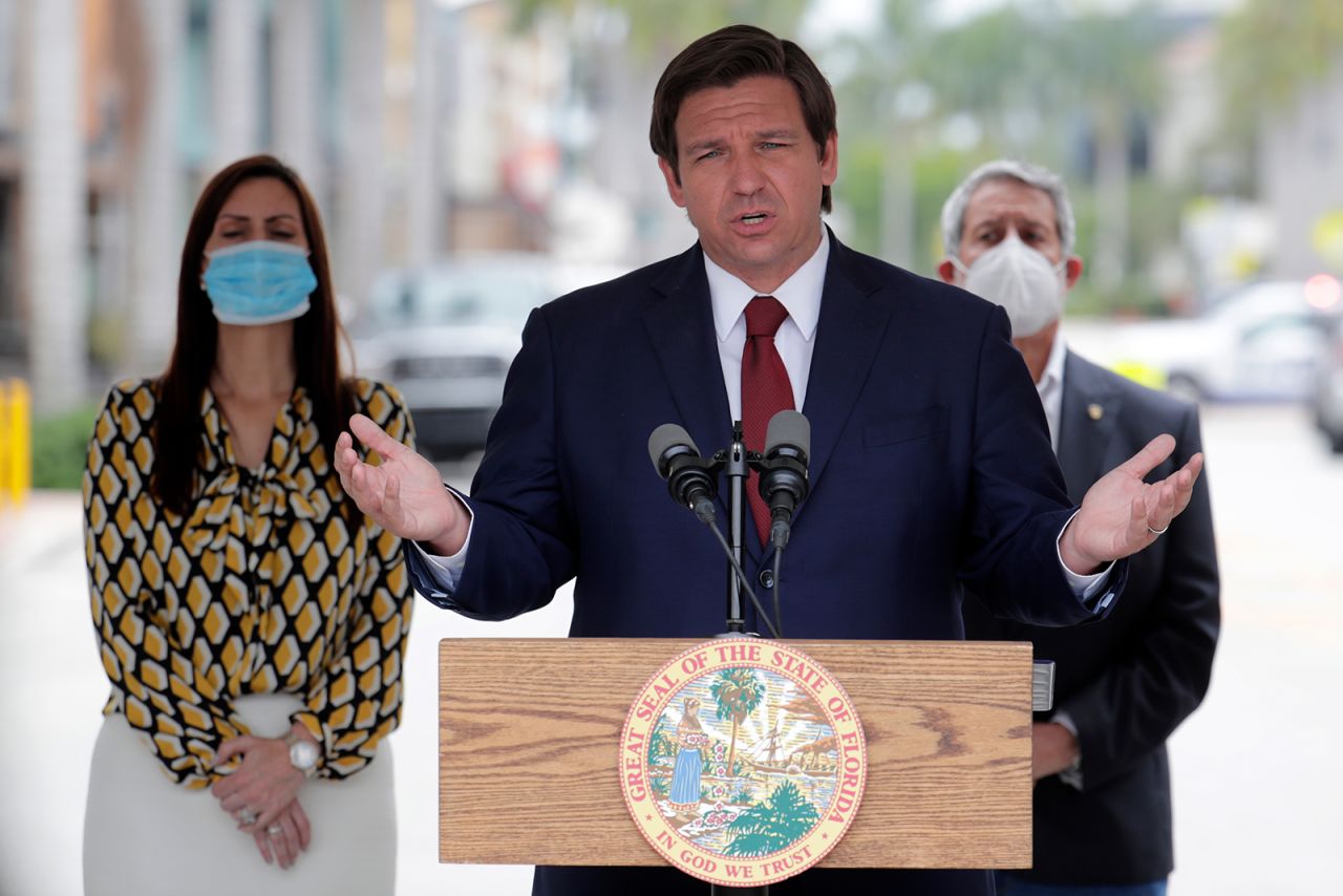 Florida Gov. Ron DeSantis speaks at a news conference during the new coronavirus pandemic, in Doral, Florida on Thursday, May 14. DeSantis has signed an executive order for the reopening of Miami-Dade and Broward counties on May 18.