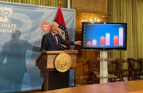 Arkansas Governor Asa Hutchinson speaks at a news conference in Little Rock, on Thursday, July 29.
