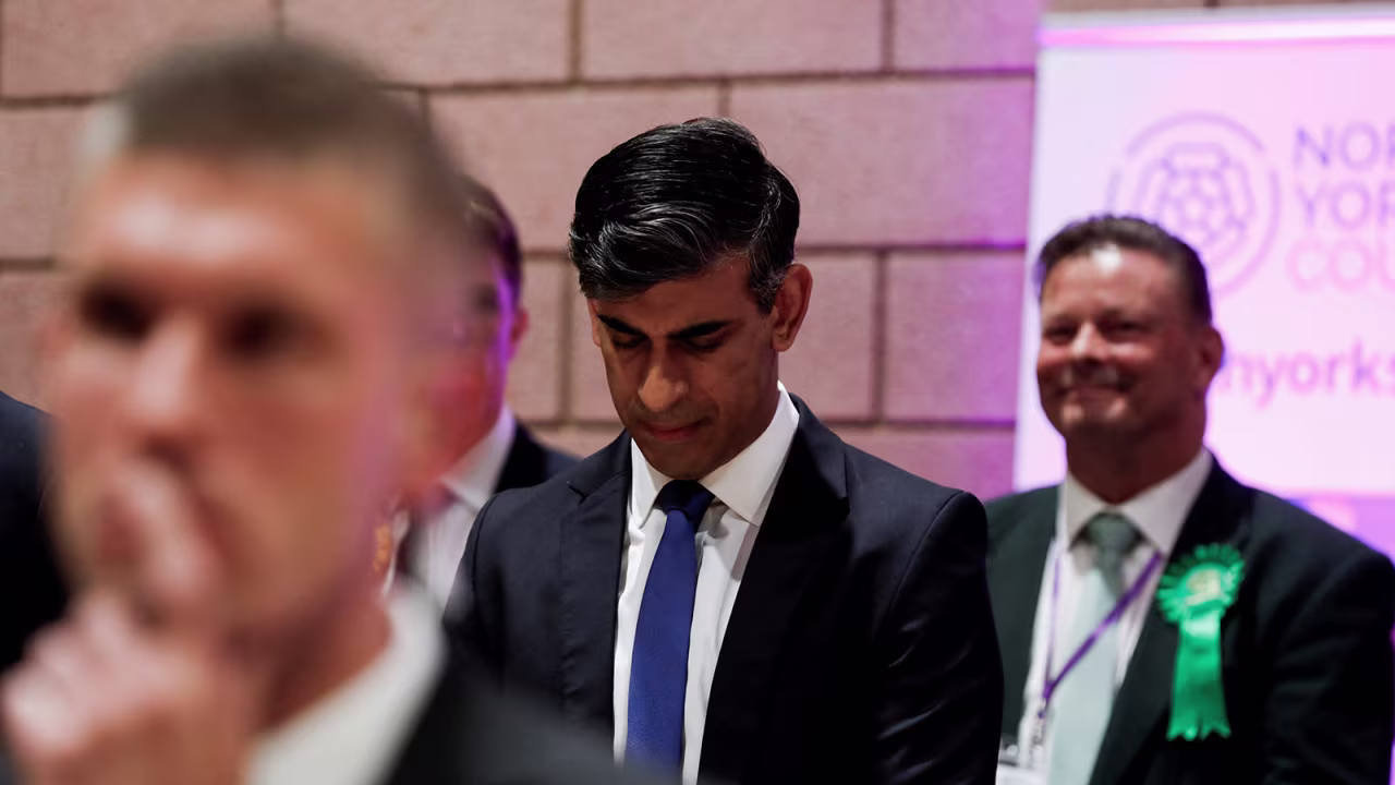 British Prime Minister Rishi Sunak reacts after winning his seat at Richmond and Northallerton during the UK election in Northallerton, Britain, on July 5.