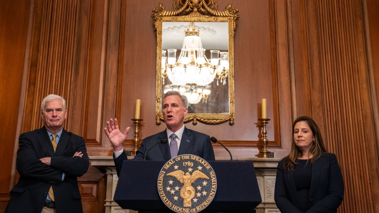 House Speaker Kevin McCarthy speaks with members of the media alongside Majority Whip Rep. Tom Emmer and Republican Conference Chair Rep. Elise Stefanik following passage in the House of a 45 day continuing resolution on September 30, 2023 in Washington, DC. 