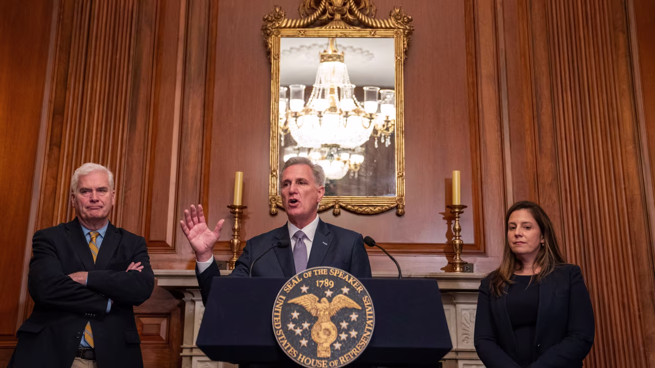 House Speaker Kevin McCarthy speaks with members of the media alongside Majority Whip Rep. Tom Emmer and Republican Conference Chair Rep. Elise Stefanik following passage in the House of a 45 day continuing resolution on September 30, 2023 in Washington, DC. 