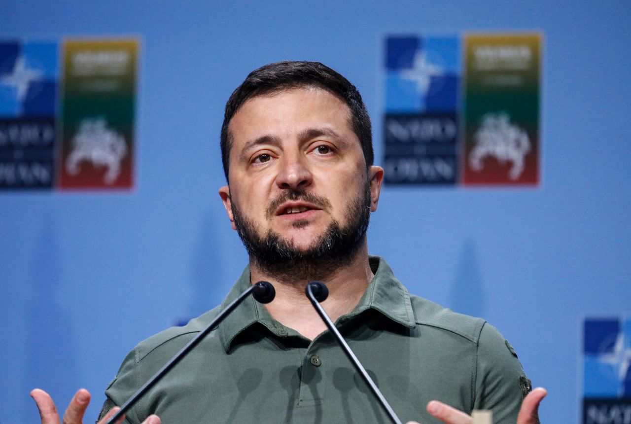 Ukrainian President Volodymyr Zelensky attends a press conference on the sidelines of the NATO Summit in Vilnius, Lithuni on July 12, 2023. (Photo by 