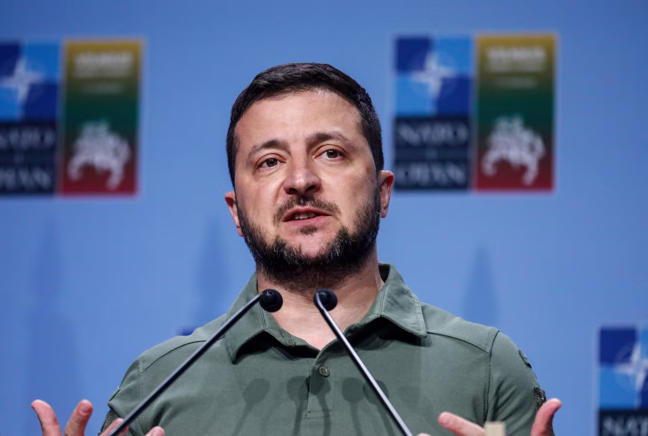 Ukrainian President Volodymyr Zelensky attends a press conference on the sidelines of the NATO Summit in Vilnius, Lithuni on July 12, 2023. (Photo by 