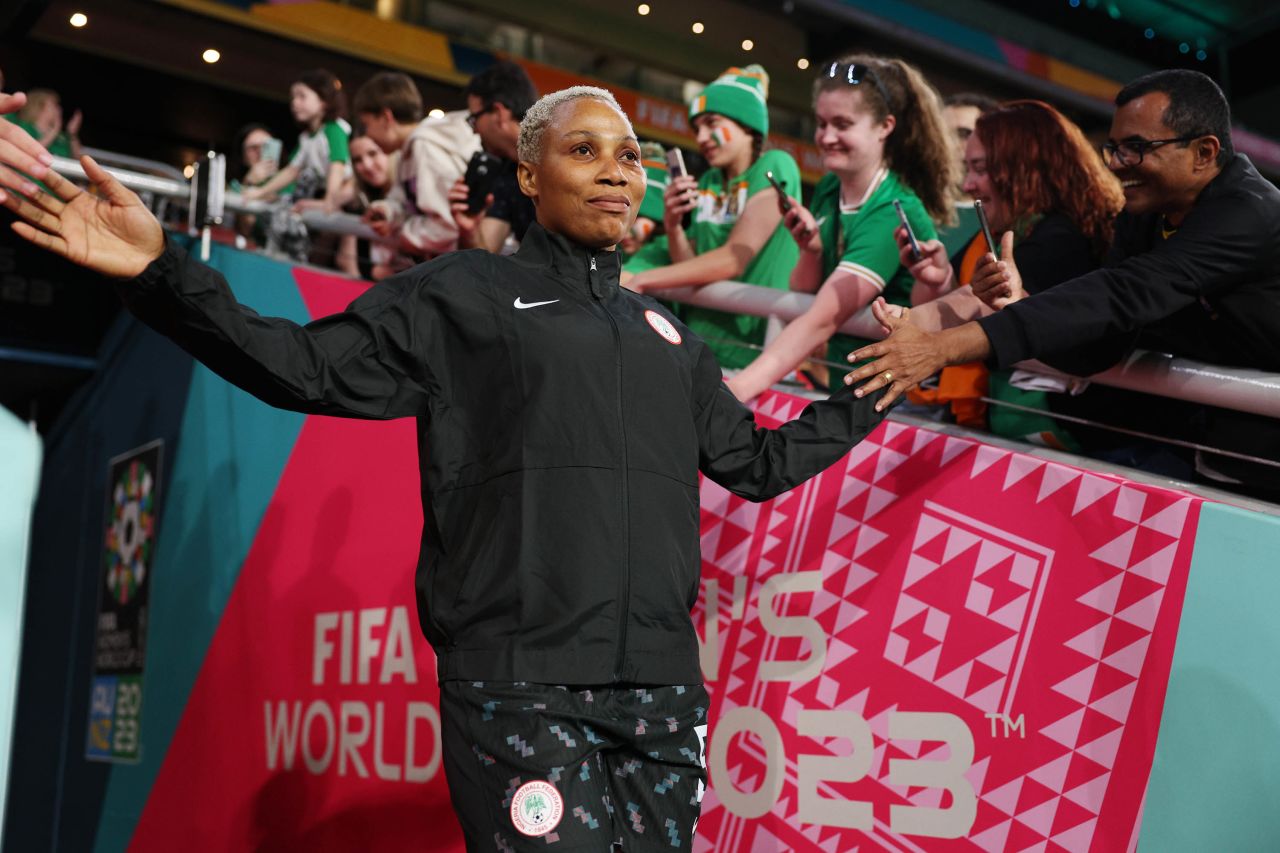 Onome Ebi of Nigeria enters the pitch to warm up prior to the match between Ireland and Nigeria at Brisbane Stadium in Brisbane, Australia, on July 31. 