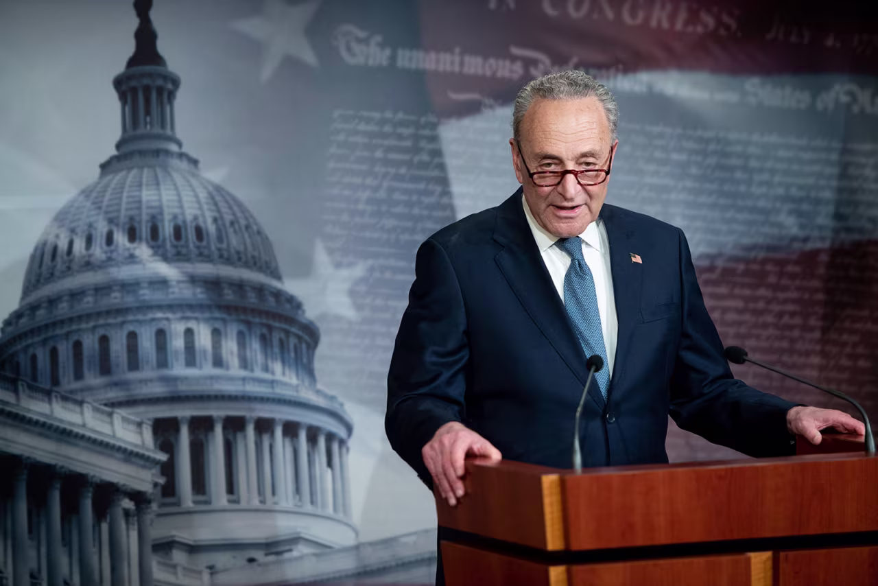 Schumer speaks during a press conference in Washington on April 21.