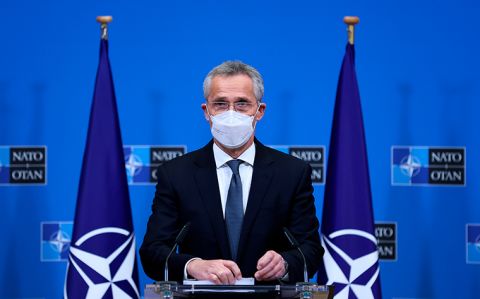 NATO Secretary General Jens Stoltenberg speaks during a media conference at NATO headquarters in Brussels, Wednesday, April 14. 