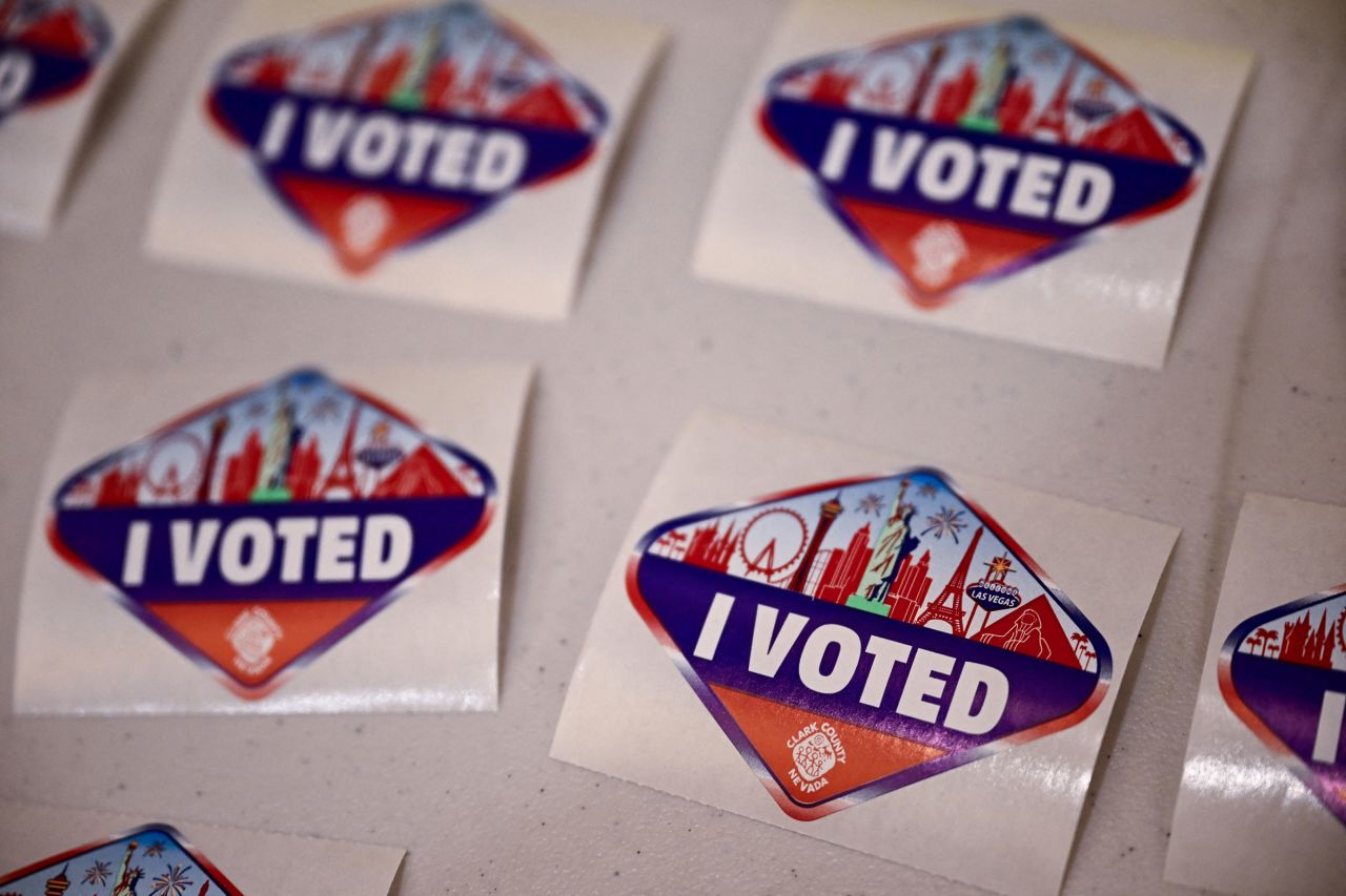 I Voted stickers with the Las Vegas skyline are displayed for voters at a Clark County vote center on Election Day during the Nevada 2024 presidential primary election in Las Vegas, Nevada, on February 6.