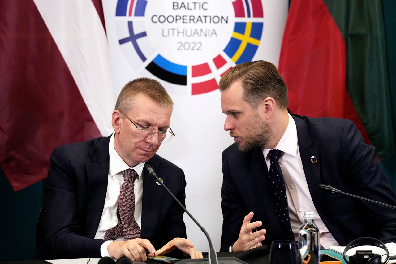 Latvia's Foreign Minister?Edgars?Rinkevics, left,?and Lithuania's Foreign Minister Gabrielius Landsbergis attend the Nordic-Baltic cooperation (NB8) foreign ministers meeting in Kaunas, Lithuania, on September 7.