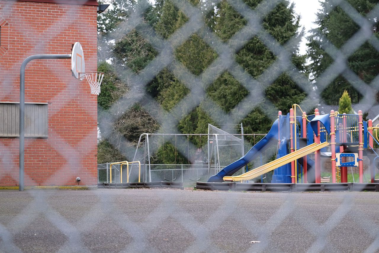 An empty playground at Forest Hills Elementary school in Lake Oswego, Oregon.