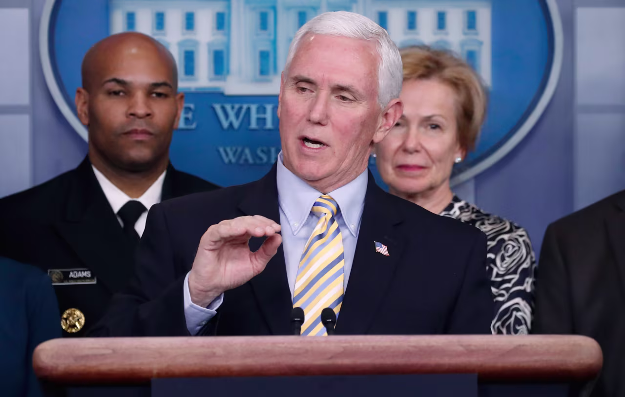 Vice President Mike Pence speaks during a briefing on coronavirus on Saturday at the White House.