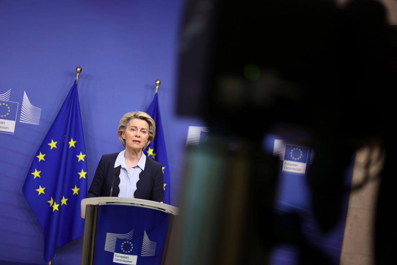 European Commission President Ursula von der Leyen gives a statement at the EU headquarters in Brussels, Monday, Novem 16.