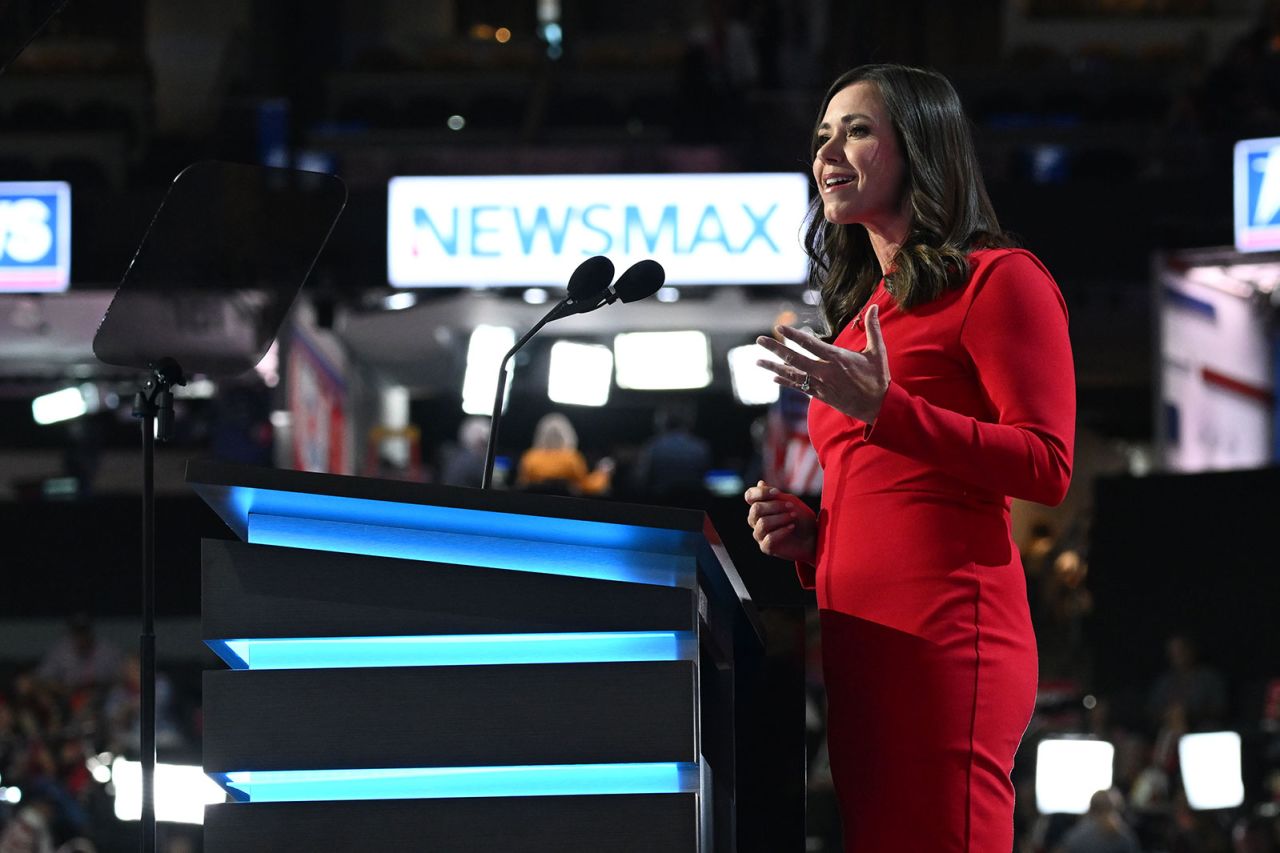 Alabama GOP Sen. Katie Britt speaks on stage during the first night of the convention on Monday, July 15.