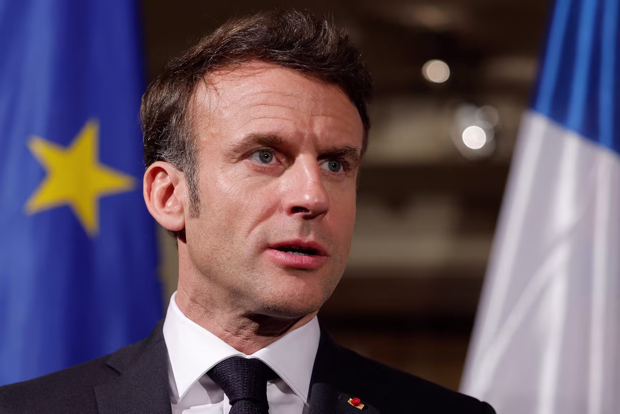 French President Emmanuel Macron speaks at a press conference in Munich, Germany, on February 17. 