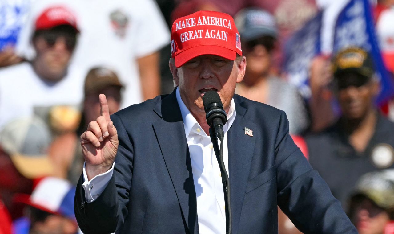 Former President Donald Trump speaks at a campaign rally in Chesapeake, Virginia, on Friday. 