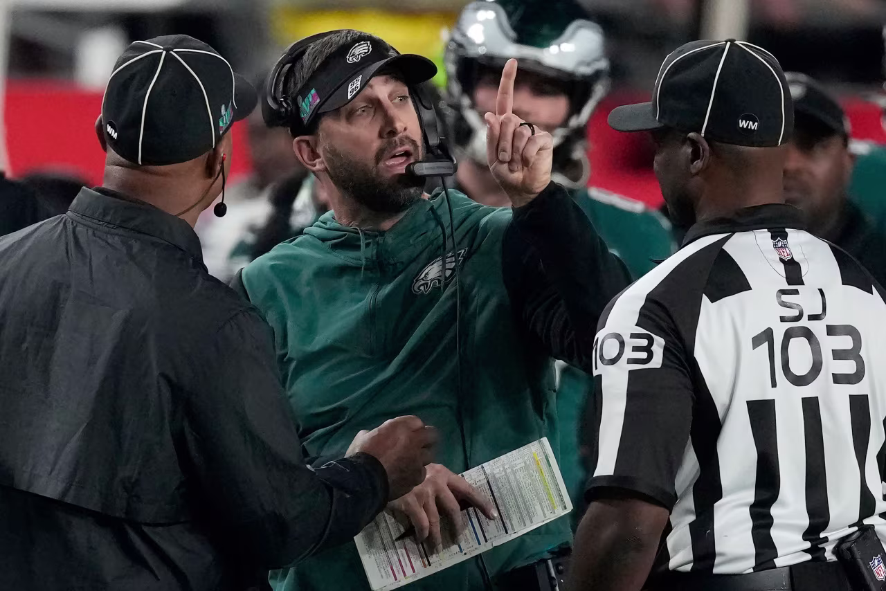Philadelphia Eagles head coach Nick Sirianni speaks to officials during the second half of Super Bowl LVII.