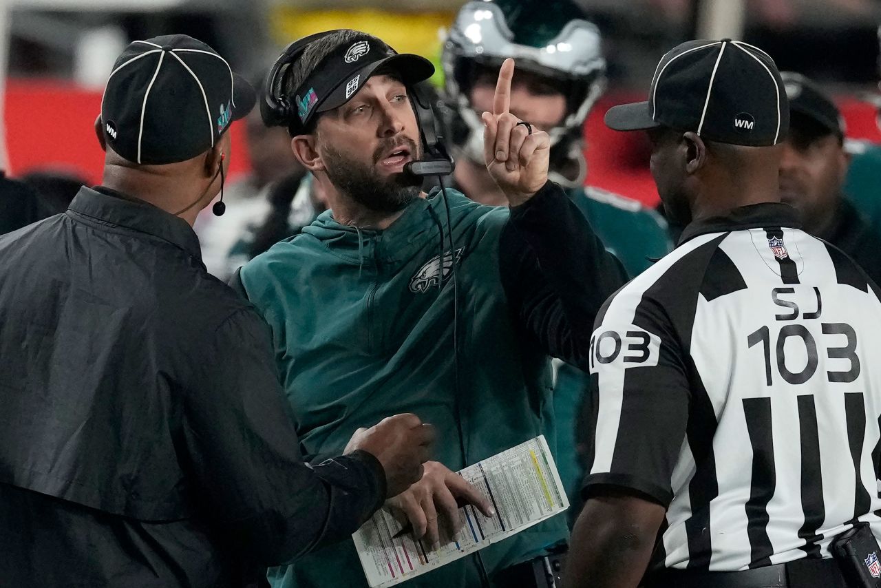 Philadelphia Eagles head coach Nick Sirianni speaks to officials during the second half of Super Bowl LVII.
