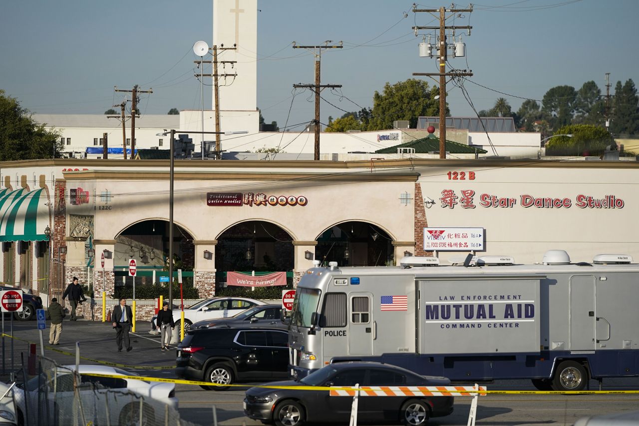 Investigators are seen outside Star Dance Studio in Monterey Park, California on Sunday.