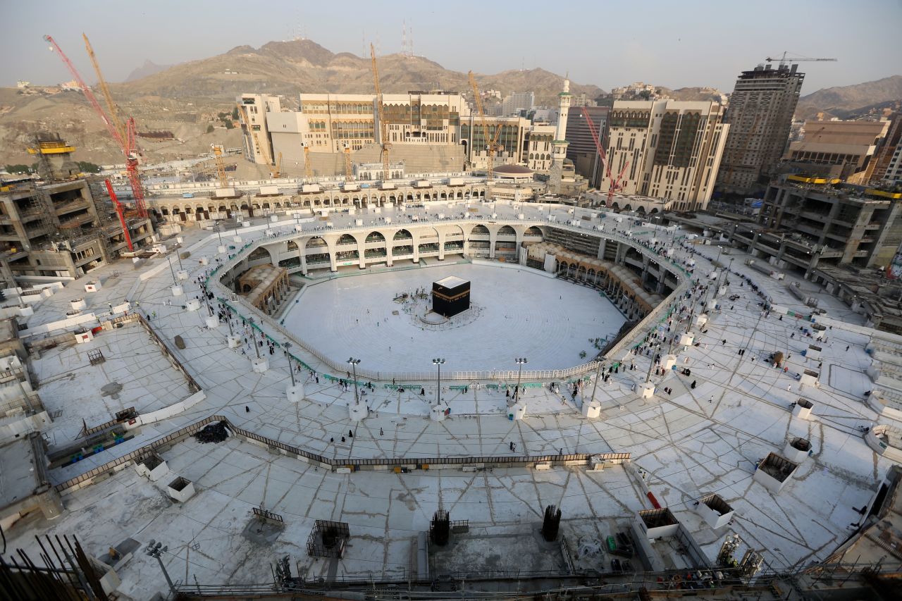 A photograph taken in Saudi Arabia on March 5, 2020, shows the white-tiled area surrounding the Kaaba, inside Mecca's Grand Mosque.