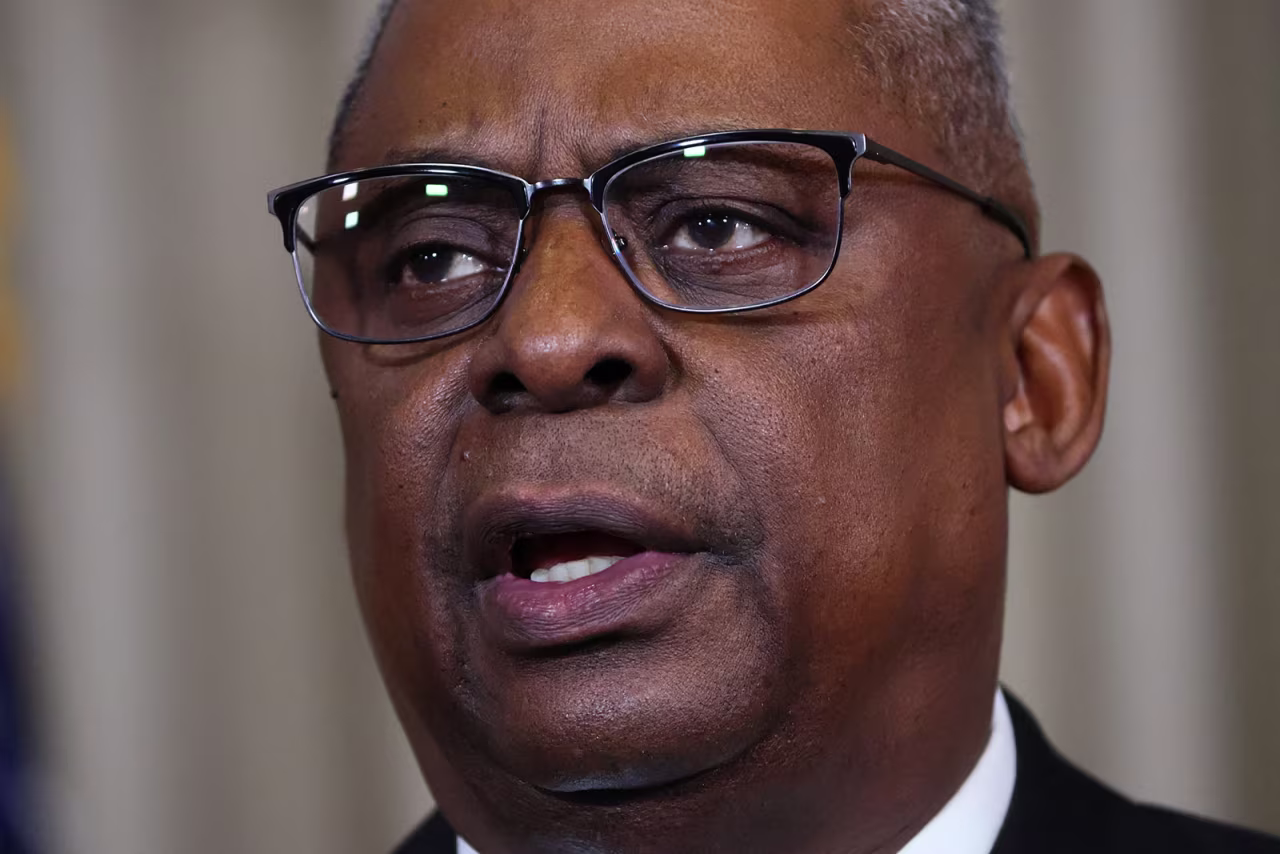 US Defense Secretary Lloyd Austin speaks during a news conference at Ramstein Air Base in Germany. 