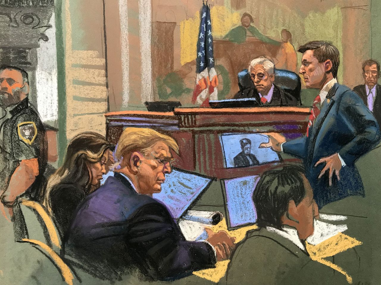 In this artist sketch, former President Donald Trump is seen in court in New York on Monday, October 2. 