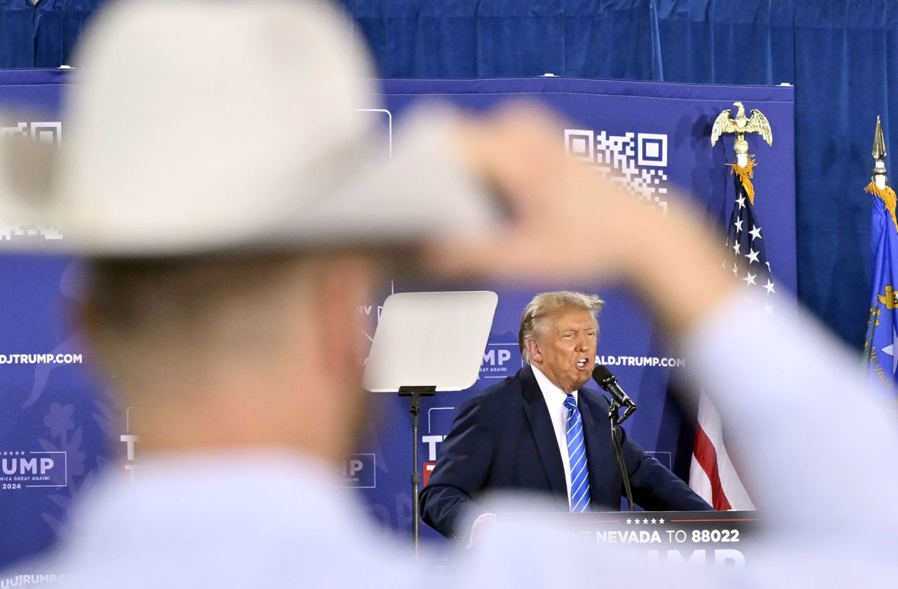 Republican presidential candidate and former President Donald Trump speaks during a campaign event at Big League Dreams Las Vegas on January 27, in Las Vegas, Nevada.