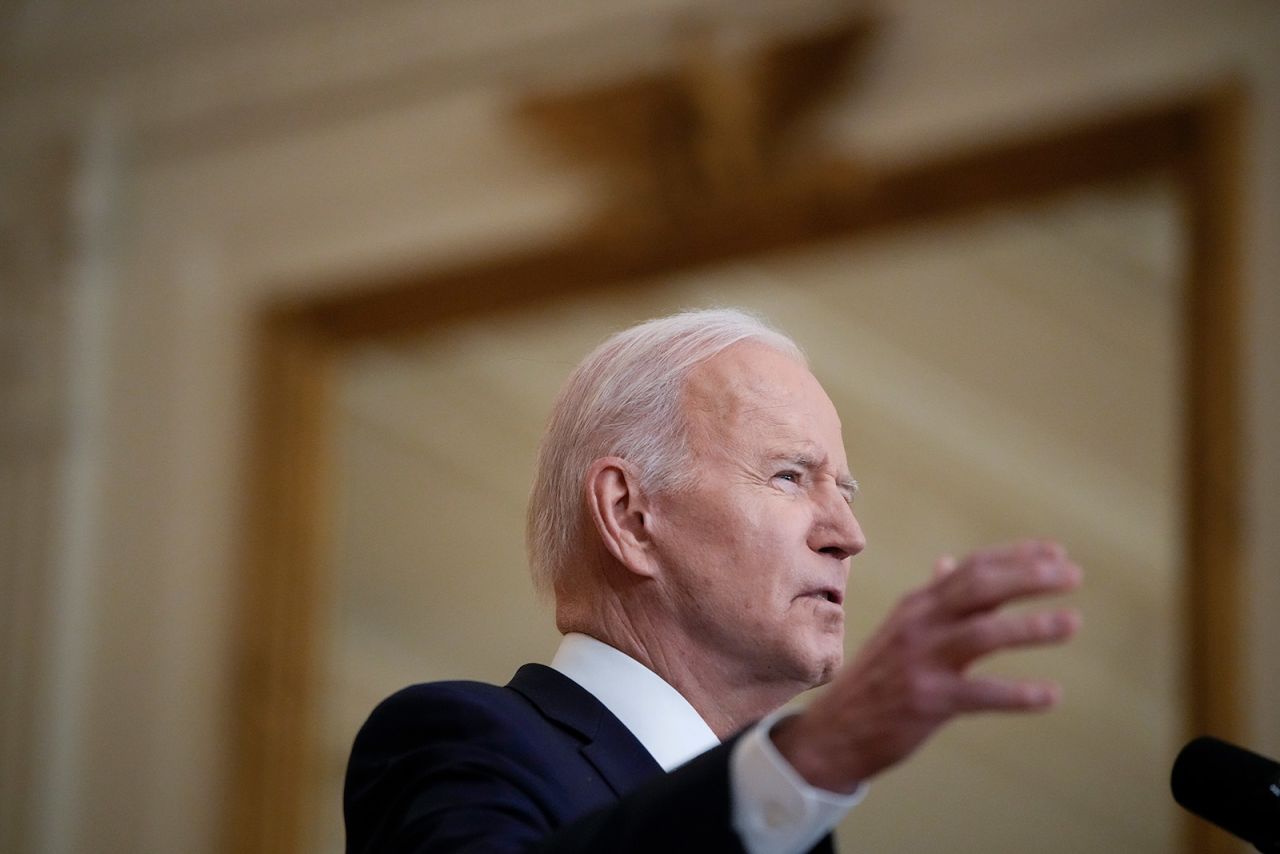 US President Joe Biden answers questions after delivering remarks about Russia's invasion of Ukraine on February 24.