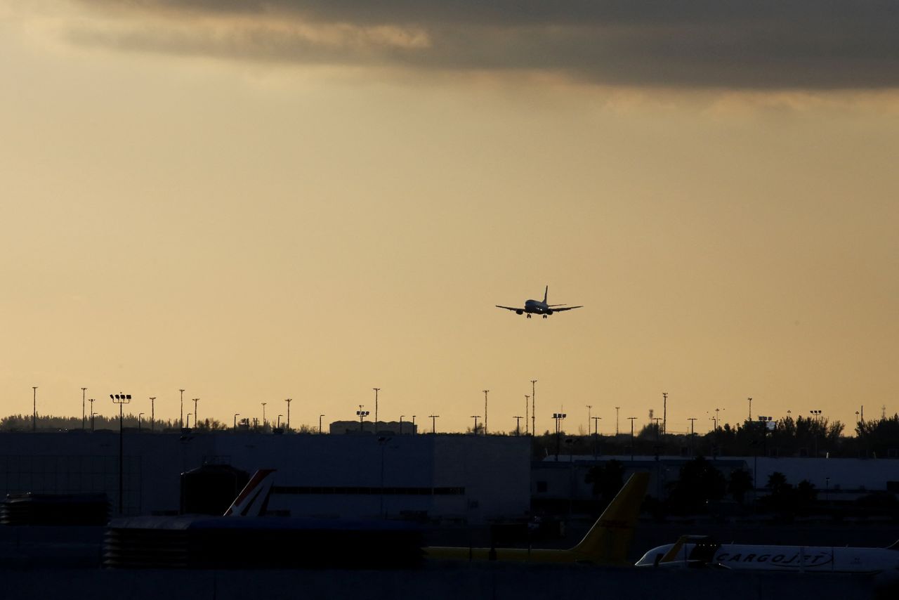 An aircraft approaches to land at Miami International Airport in January  2023. 