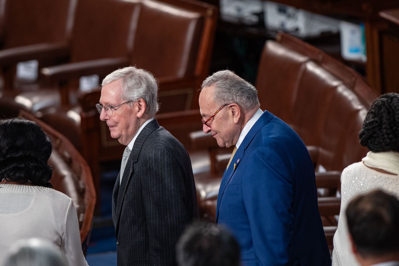 Sen. Mitch McConnell and Sen. Chuck Schumer enter the House chamber on March 7 in Washington, DC.