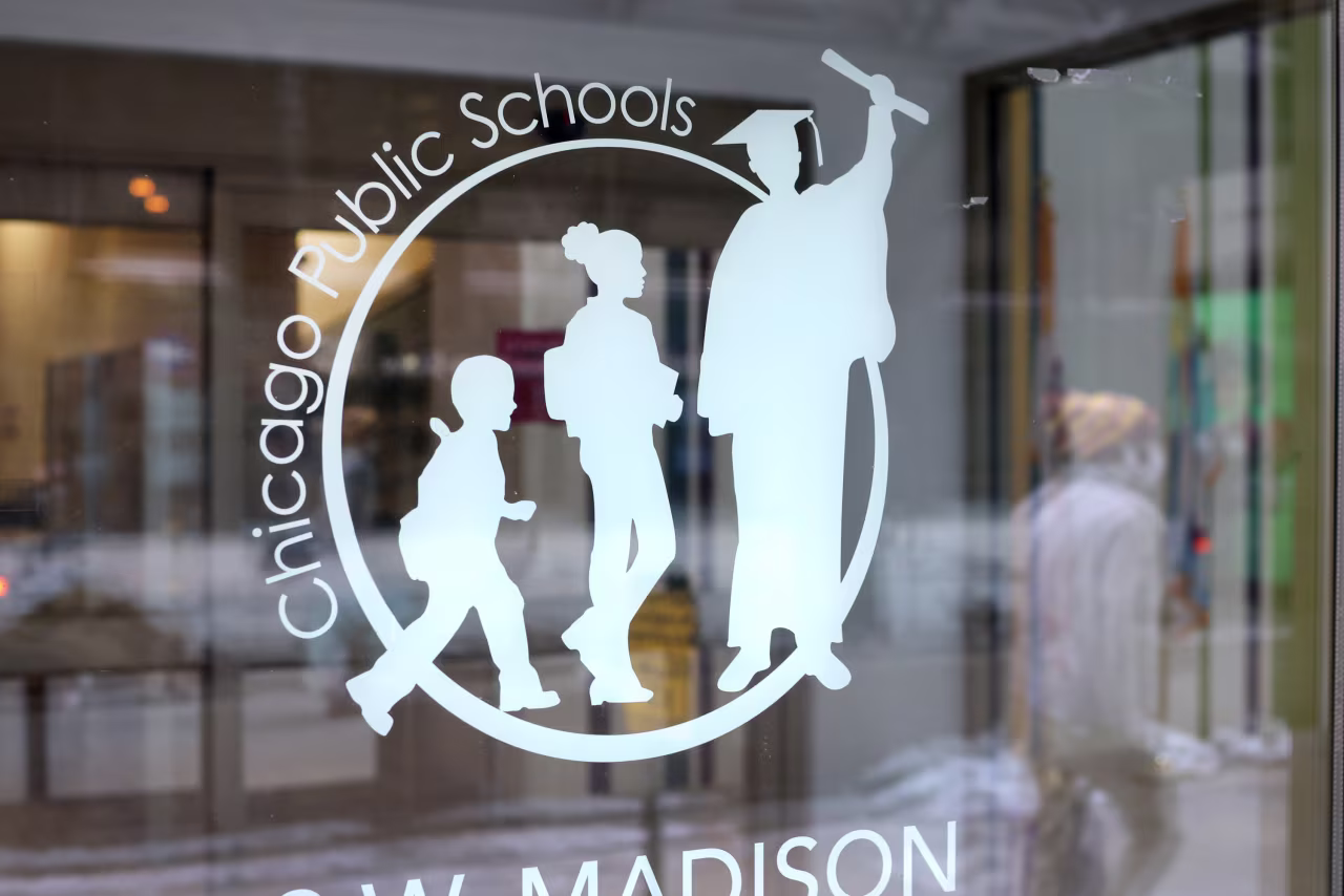 A sign is displayed on the front of the headquarters for Chicago Public Schools on January 5, in Chicago.
