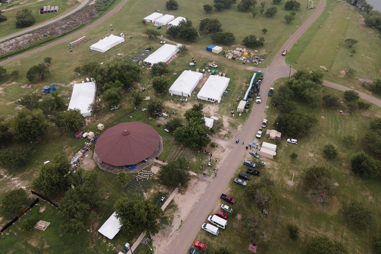 Tents are seen at Anzalduas Park near the Rio Grande as officials process migrants coming through the Texas-Mexico border, Friday, May 12,in McAllen, Texas. 