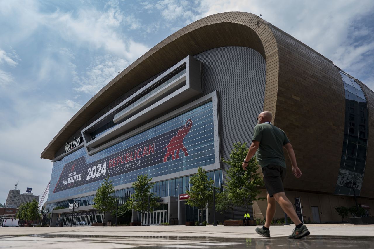 A person walks past the Fiserv Forum ahead of the Republican National Convention in Milwaukee on July 11. 