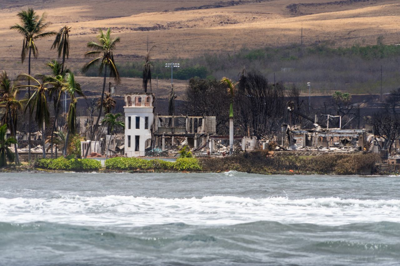 A waterfront view of buildings destroyed by the wildfires in Lahaina, Hawaii, on August 10.