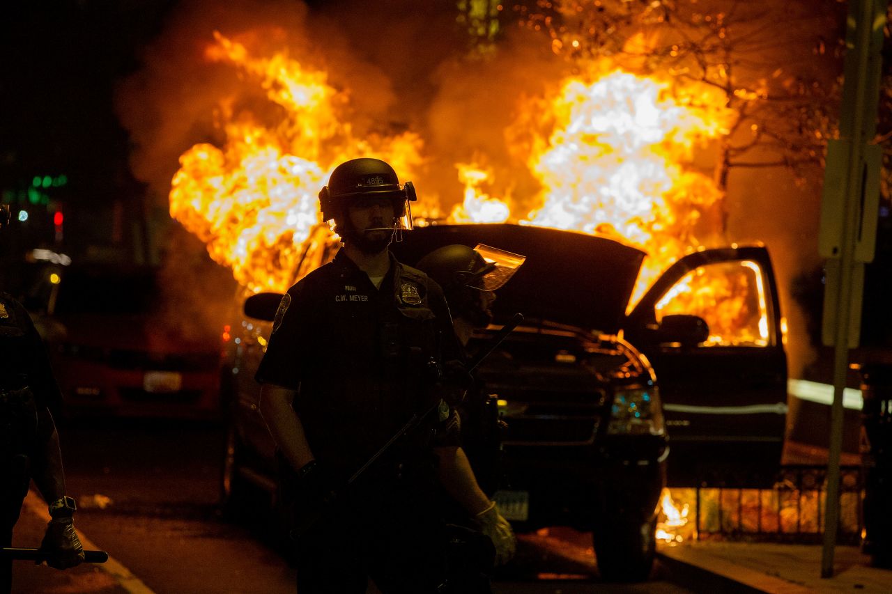 A vehicle burns during a protest near Lafayette Square Park in Washington on May 30.