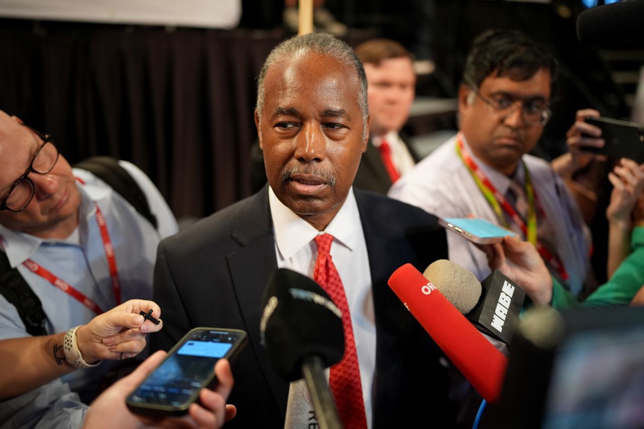 Ben Carson speaks to reporters in the spin room following the CNN Presidential Debate in Atlanta on June 27.