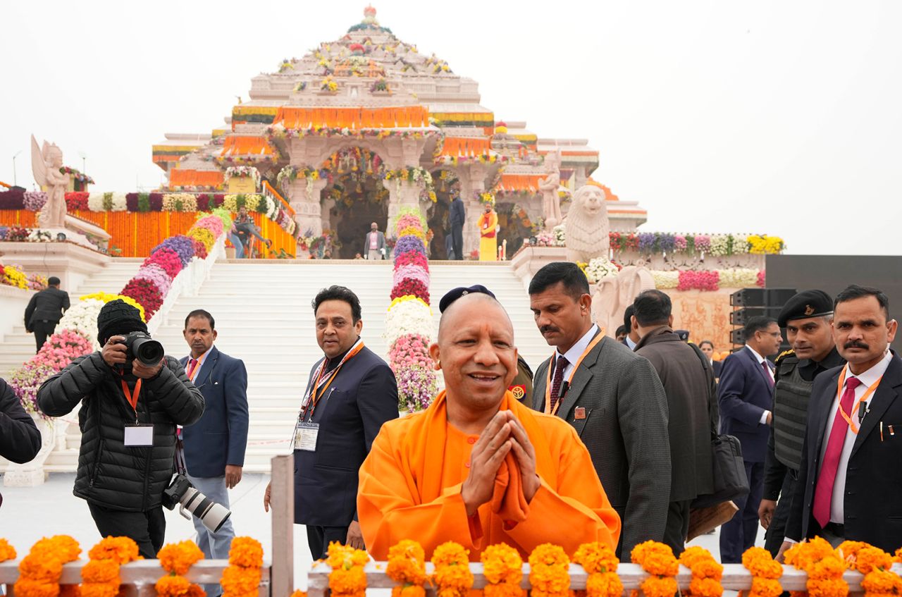 Yogi Adityanath greets people ahead of the inauguration of the temple of the Hindu god Ram in Ayodhya, India, on January 22.