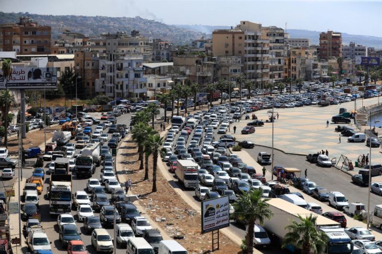 Cars sit in traffic as they flee in Sidon, Lebanon, on September 23.