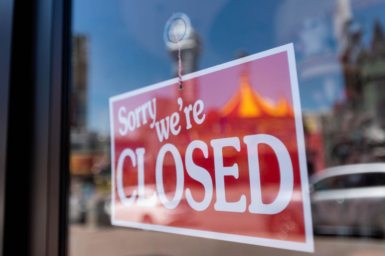 A closed sign in the town of Niagara Falls is seen on April 27 in Niagara Falls, Canada. Tourist attractions across Canada have been hit hard by the Covid-19 pandemic.