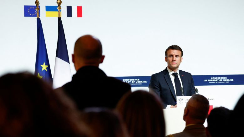 French President Emmanuel Macron speaks during a press conference in support of Ukraine, with European leaders and government representatives, at the Elysee Palace in Paris, France on Monday.