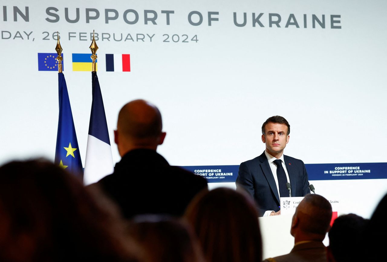 French President?Emmanuel?Macron?speaks during a press conference in support of Ukraine, with European leaders and government representatives, at the Elysee Palace in Paris, France on Monday.