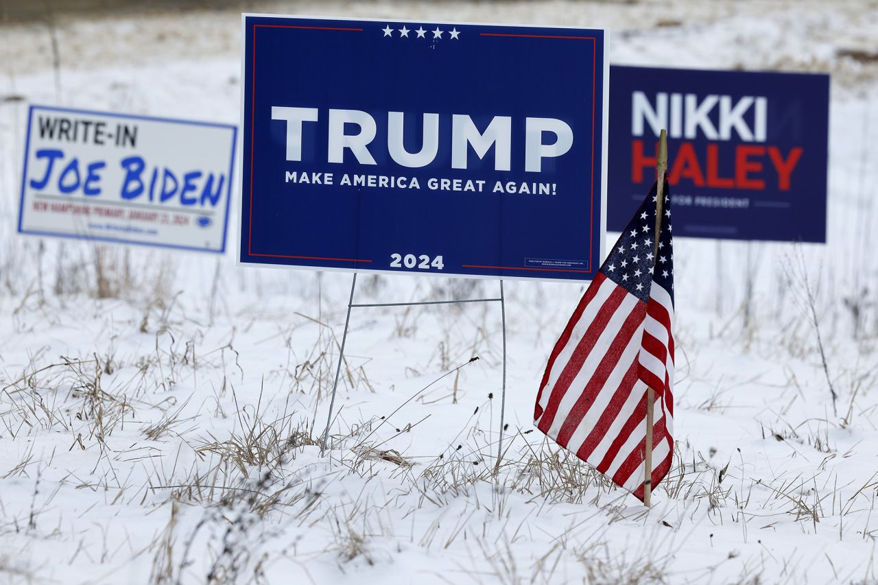 Campaign signs for Republican presidential candidates Donald Trump and Nikki Haley stand next to a sign asking voters to write in President Joe Biden in next Tuesday's primary election on January 19, in Loudon, New Hampshire. 