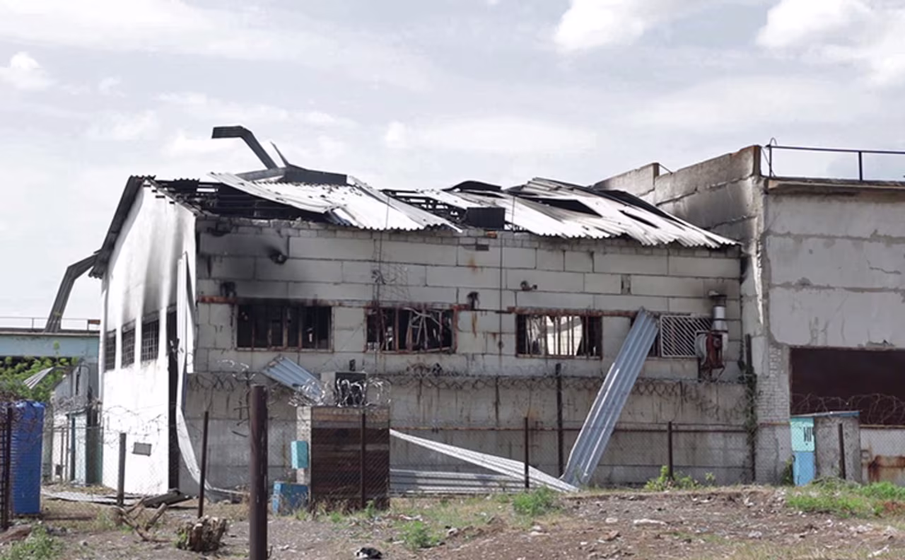 An image taken from video shows a destroyed barrack at a prison in Olenivka, in an area controlled by Russian-backed separatist forces, eastern Ukraine, on Friday, July 29