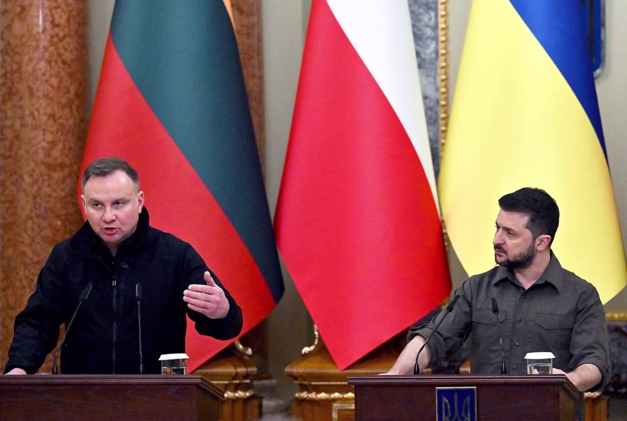 Polish President Andrzej Duda speaks during a press conference with Ukrainian President Volodymyr Zelensky along with the presidents of Lithuania, Latvia and Estonia following their talks in Kyiv on Wednesday, April 13. 