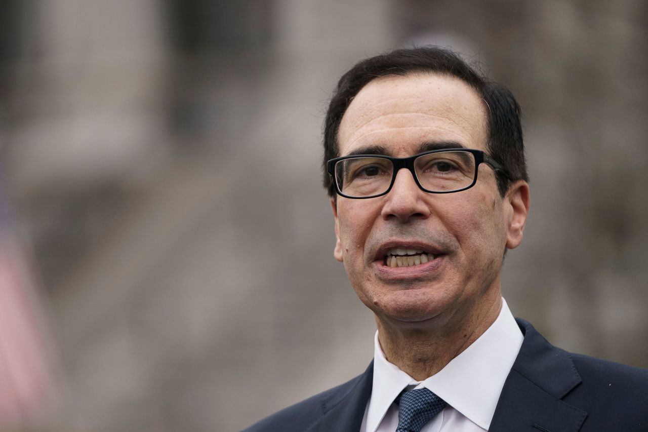 U.S. Treasury Secretary Steven Mnuchin speaks to the press on March 13.