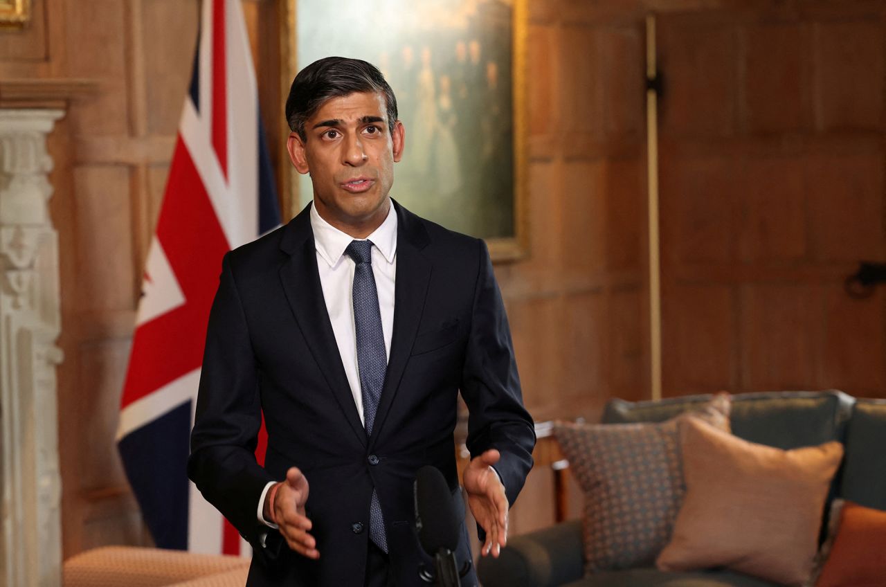 Britain’s Prime Minister Rishi?Sunak?records a video message about the situation in Israel at Chequers, near Aylesbury, Britain, on October 8.